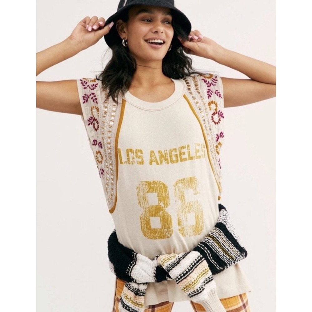 We The Free People Summer Nights Tee Sequin Los Angeles 86 Jersey Top Medium